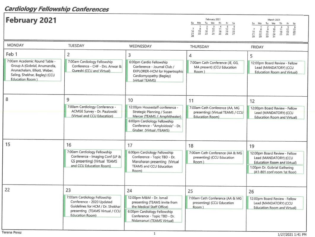 Monthly conference schedule Aultman Cardiology Fellowship Program
